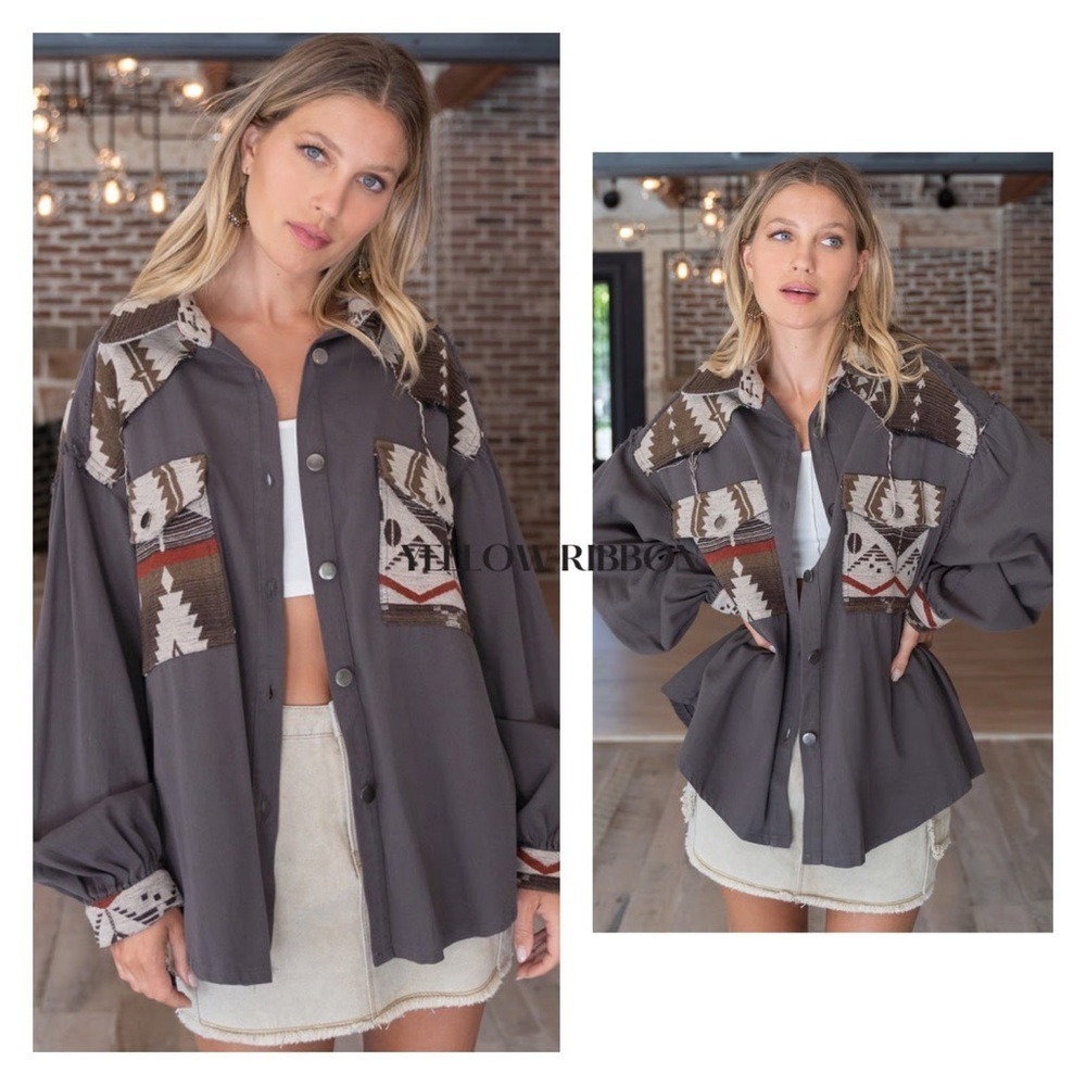 POL Boutique Southwestern Aztec Print Shacket Charcoal Gray Oversized Small